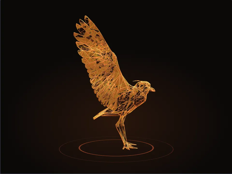 Modelo 3D de un tero con las alas abiertas, el ave de la marca TERA